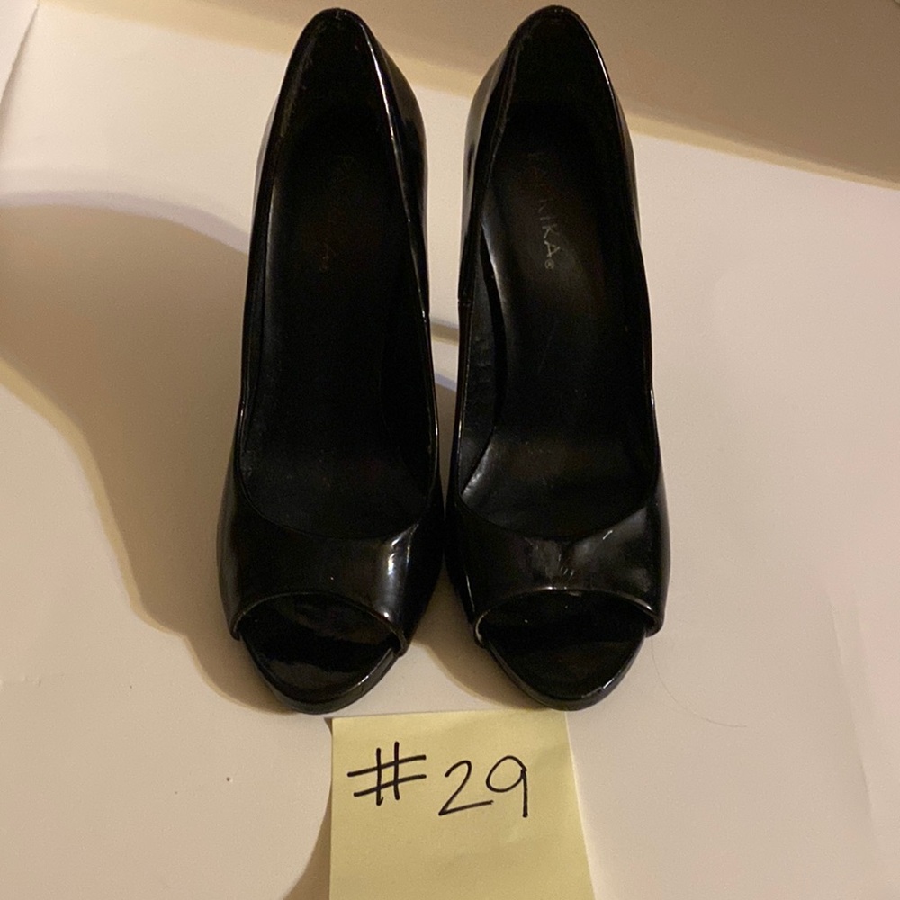 Black patent leather Paprika heels. Size 6.5. Heel 4.5 inches.